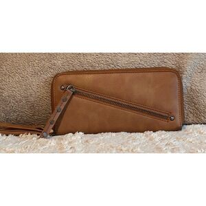 Free People Brown Vegan Leather Wristlet Wallet Zip Around Card Holder Boho